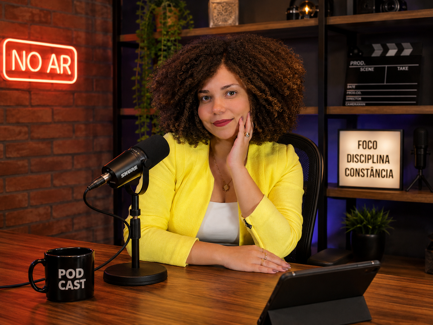 Bruna Félix em estúdio de podcast